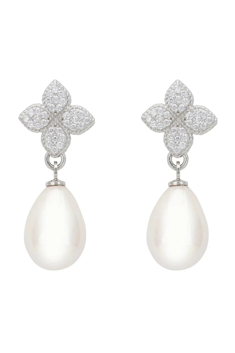 Clover Flower Pearl Drop Cz Earrings Silver