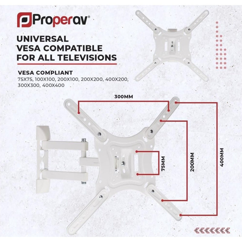 ProperAV Heavy Duty Swing Arm TV Wall Bracket 23"- 55" Tilt 20 VESA 400x400 - White