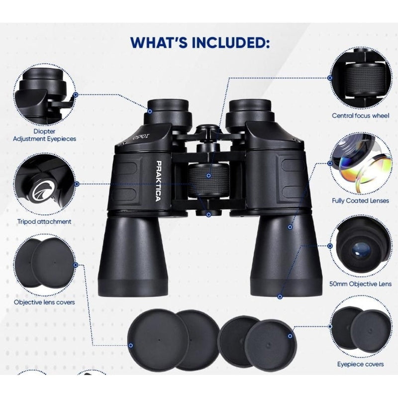 PRAKTICA Falcon 10x50mm Porro Prism Field Binoculars - Black - Binoculars Only