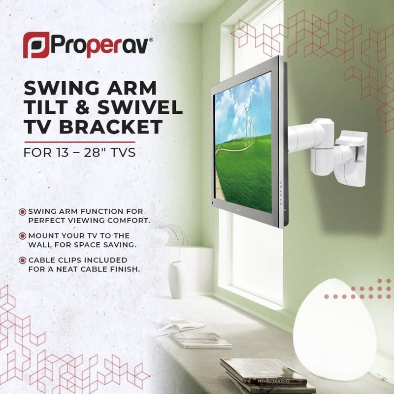 ProperAV Swing Arm White TV Wall Bracket 13-28" Tilt 20 VESA Max 100x100 Dual Pivot