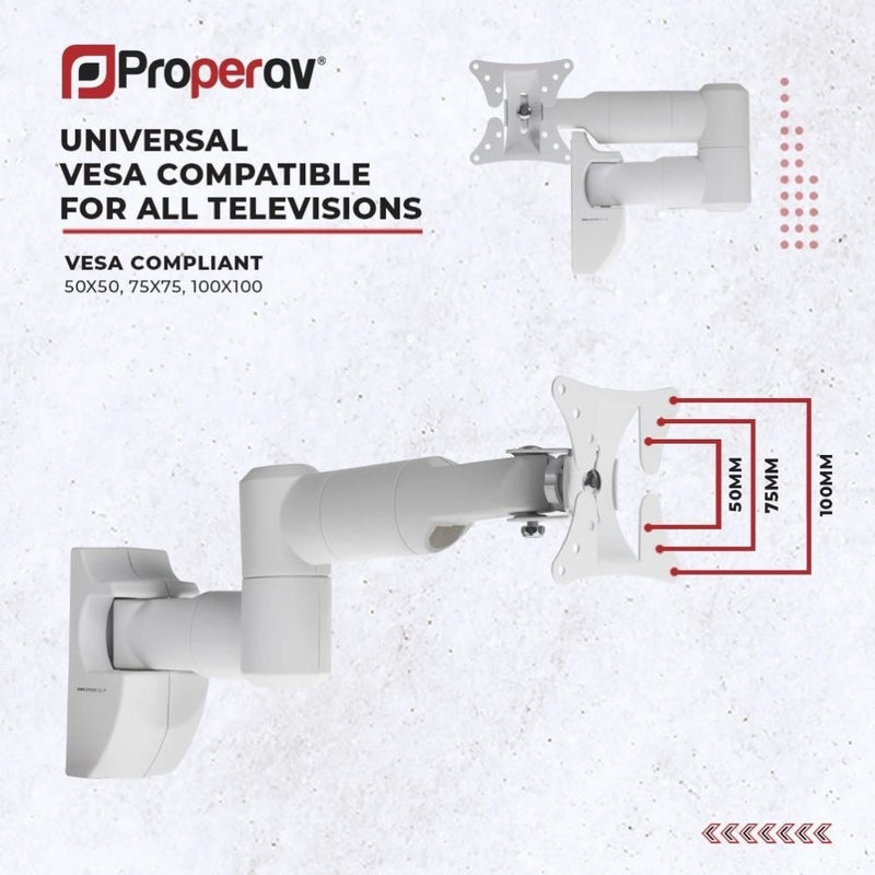 ProperAV Swing Arm White TV Wall Bracket 13-28" Tilt 20 VESA Max 100x100 Dual Pivot