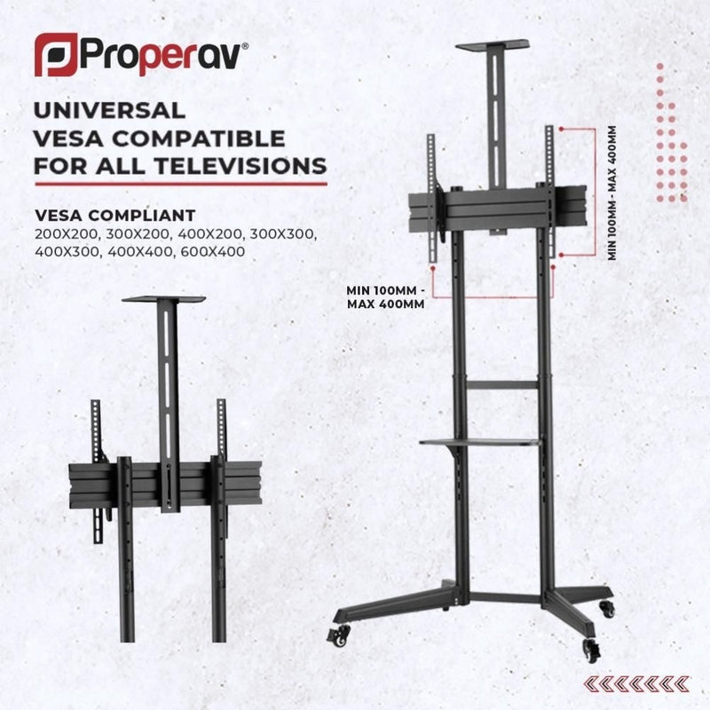 ProperAV Mobile TV Trolley Stand on Wheels for 37"-70" Max Load 50kg VESA Max 600-400mm