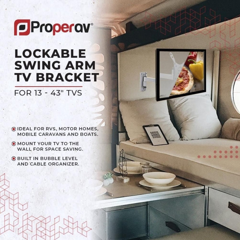 ProperAV Lockable Swing Arm TV Wall Bracket for Motorhome RV, Boat VESA Max 200x200