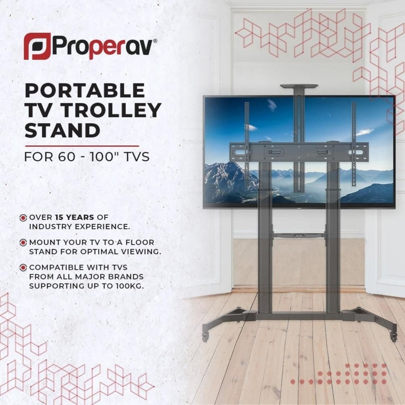 ProperAV Mobile TV Trolley Stand on Wheels for 60"-100" Max Load 100kg VESA Max 1000-600mm