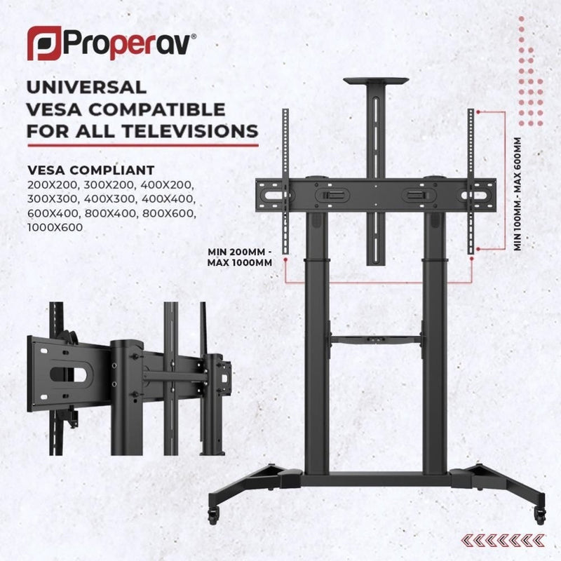 ProperAV Mobile TV Trolley Stand on Wheels for 60"-100" Max Load 100kg VESA Max 1000-600mm