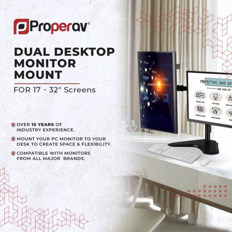 ProperAV Desk Monitor Mount Dual Swing Arm Free Standing Base 17"- 34" VESA Max 100x100