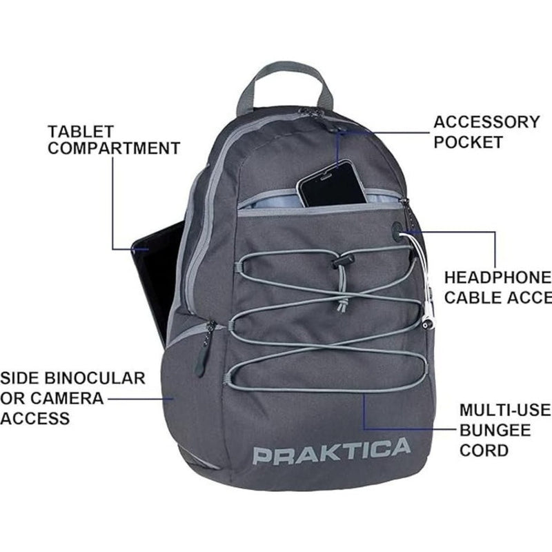 PRAKTICA All Weather Day 12L Backpack with Rain Cover & Binocular Pocket - Grey