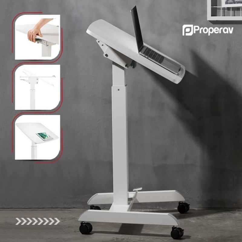 ProperAV Mobile Desk Trolley Workstation with Gas Spring Height Adjustment White