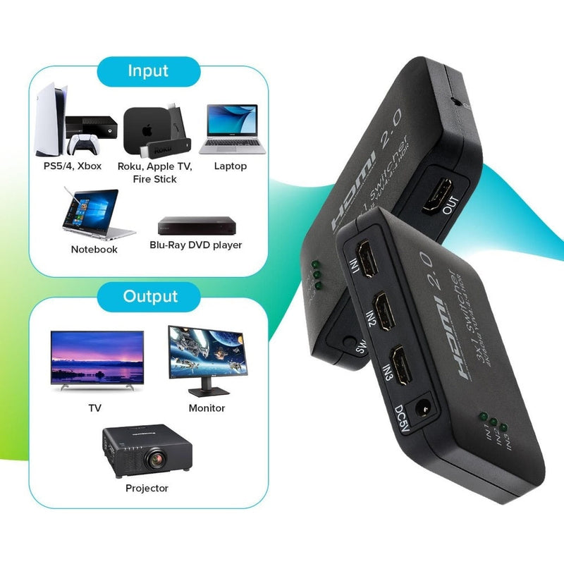 Maplin HDMI Switch 3 Ports In 1 Port Out Ultra HD 4K@60Hz with Remote Control