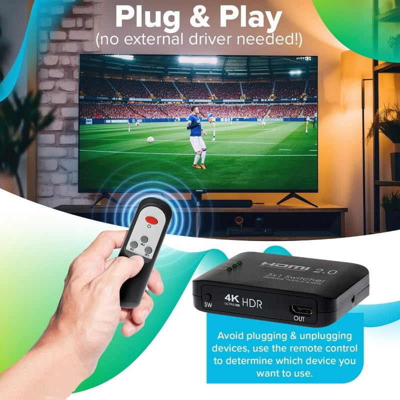 Maplin HDMI Switch 3 Ports In 1 Port Out Ultra HD 4K@60Hz with Remote Control