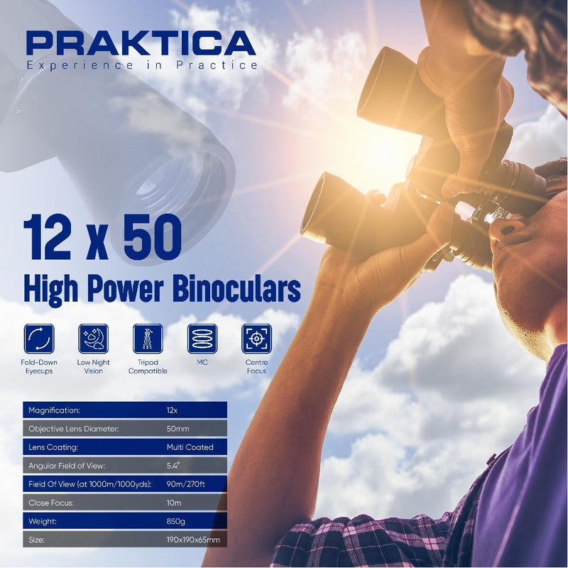 PRAKTICA Falcon 12x50mm Multi Coated Porro Prism Field Binoculars - Black - Binoculars & Tripod Mount