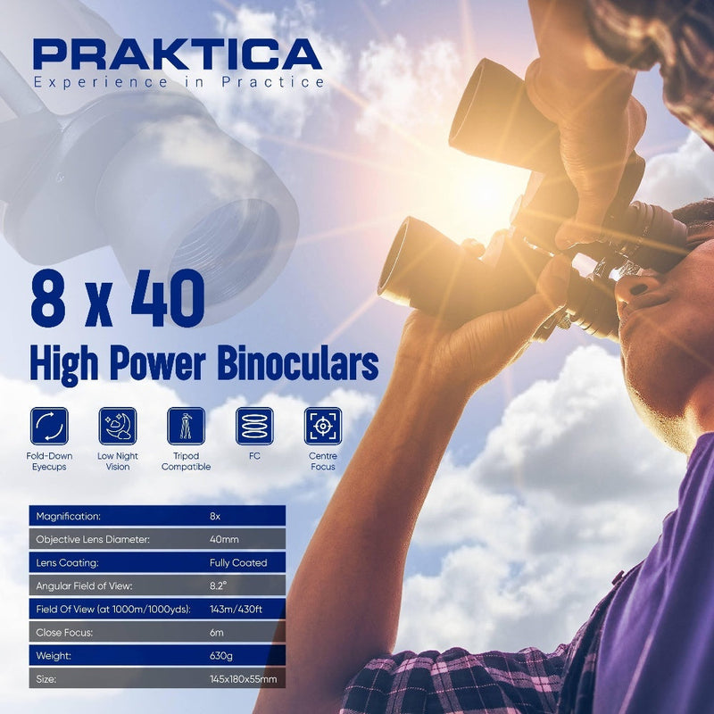 PRAKTICA Falcon 8x40mm Wide Angle Porro Prism Field Binoculars - Black - Binoculars & Tripod Mount