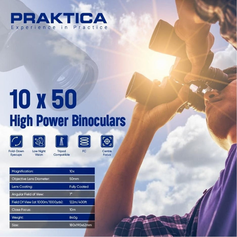 PRAKTICA Falcon 10x50mm Porro Prism Field Binoculars - Black - Binoculars & Tripod Mount
