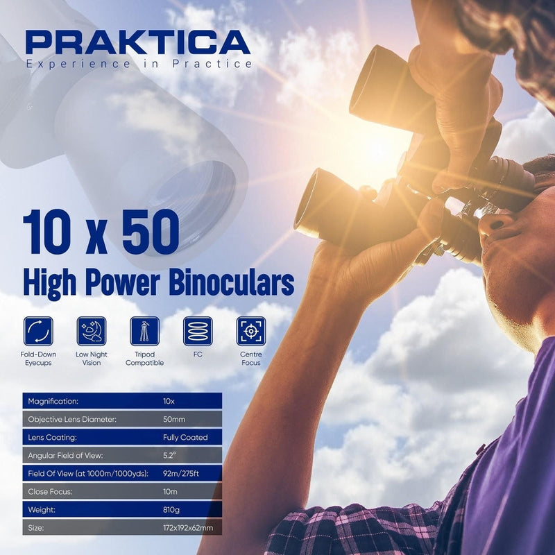 PRAKTICA Falcon 10x50mm Porro Prism Field Binoculars - Sand - Binoculars & Tripod Mount