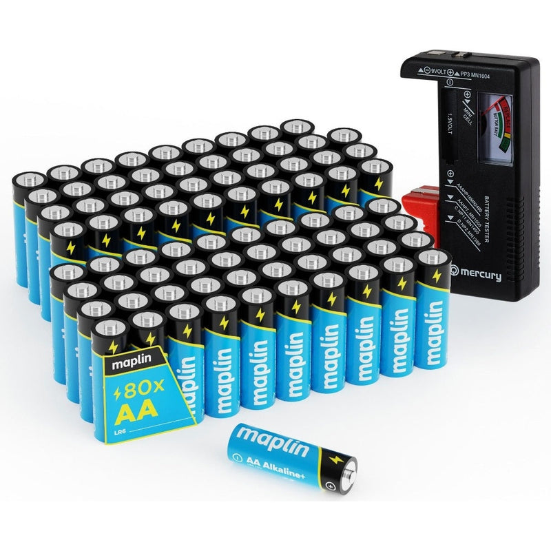 Maplin 80x AA LR6 1.5V Alkaline Batteries 7 Year Shelf Life High Performance including Battery Tester