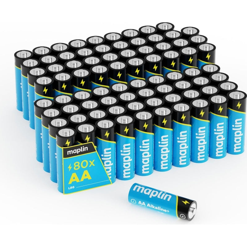 Maplin 80x AA LR6 1.5V Alkaline Batteries 7 Year Shelf Life High Performance including Battery Tester