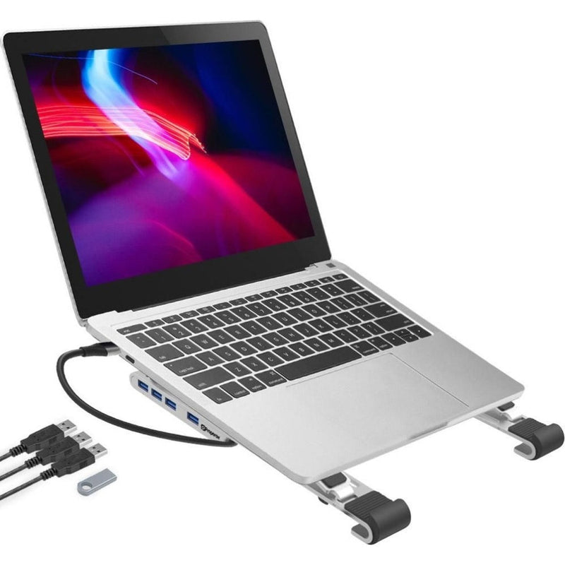 ProperAV Laptop or Tablet Stand Portable with Built in 100W USB-C Hub 4 x USB-A Port Aluminium Construction Silver