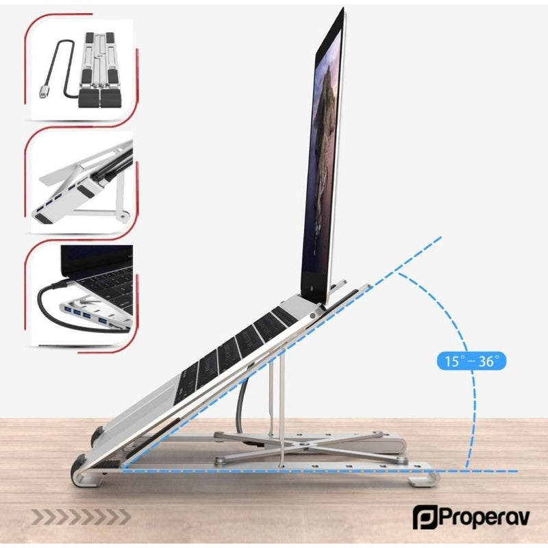 ProperAV Laptop or Tablet Stand Portable with Built in 100W USB-C Hub 4 x USB-A Port Aluminium Construction Silver