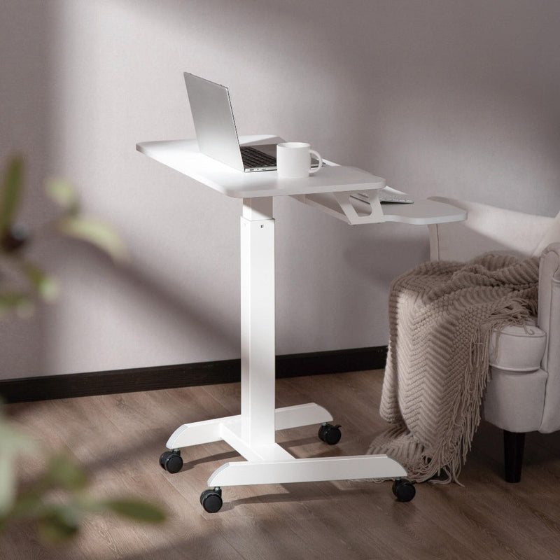 ProperAV Two Tier Mobile Desk Trolley Workstation with Gas Spring Height Adjustment White