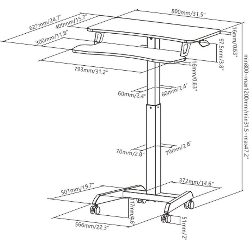 ProperAV Two Tier Mobile Desk Trolley Workstation with Gas Spring Height Adjustment White
