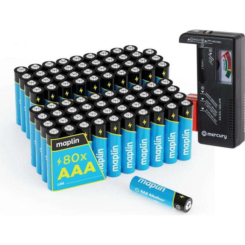 Maplin 80x AAA LR03 7 Years Shelf Life 1.5V High Performance Alkaline Batteries with Universal Battery Tester