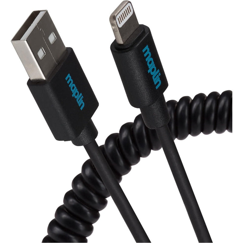 Maplin Lightning Connector to USB-A Coiled Curly Cable - Black - 0.5m