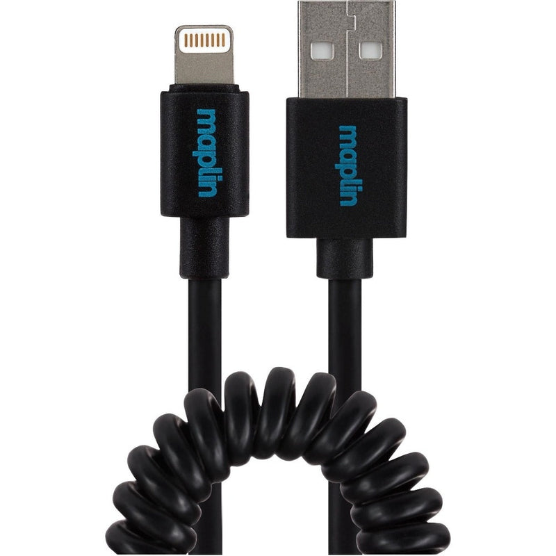 Maplin Lightning Connector to USB-A Coiled Curly Cable - Black - 0.5m
