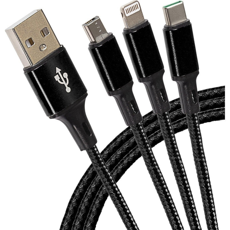 Maplin USB-A to 3-in-1 Multi-Charging USB-C / Lightning / Micro USB Braided Cable - Black