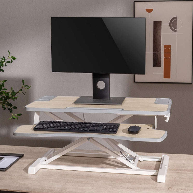 ProperAV Stand Up Desk Converter Two Tier Worktop Gas Spring Lift Variable Height Settings White