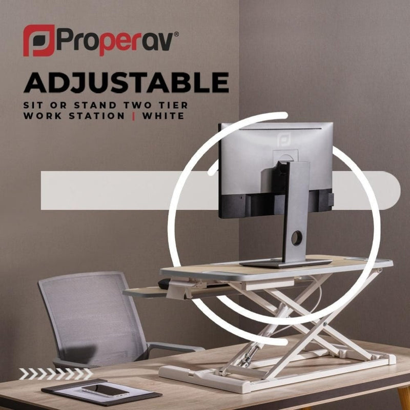 ProperAV Stand Up Desk Converter Two Tier Worktop Gas Spring Lift Variable Height Settings White