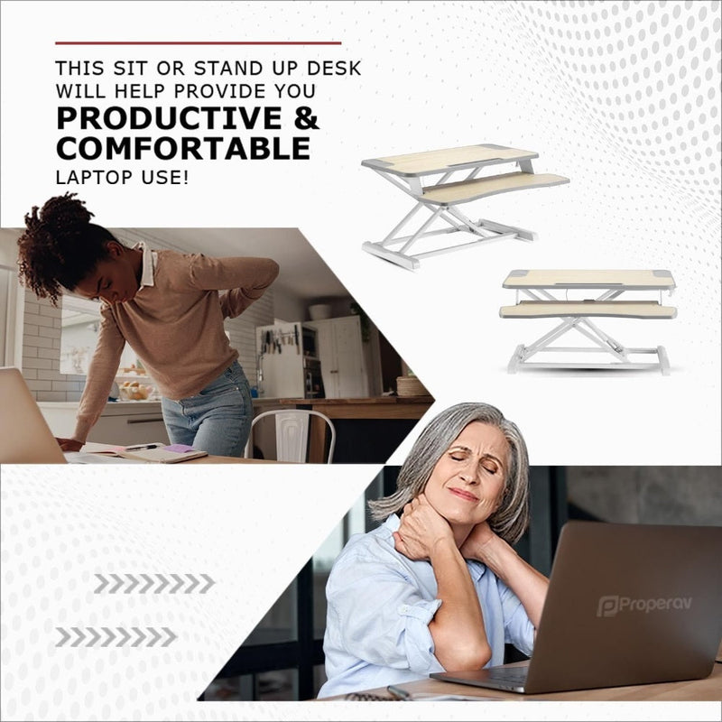 ProperAV Stand Up Desk Converter Two Tier Worktop Gas Spring Lift Variable Height Settings White