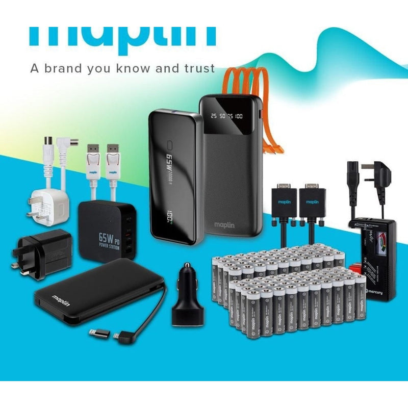 Maplin 20000mAh Portable Power Bank with Integrated USB-C, Micro USB & Lightning Cables