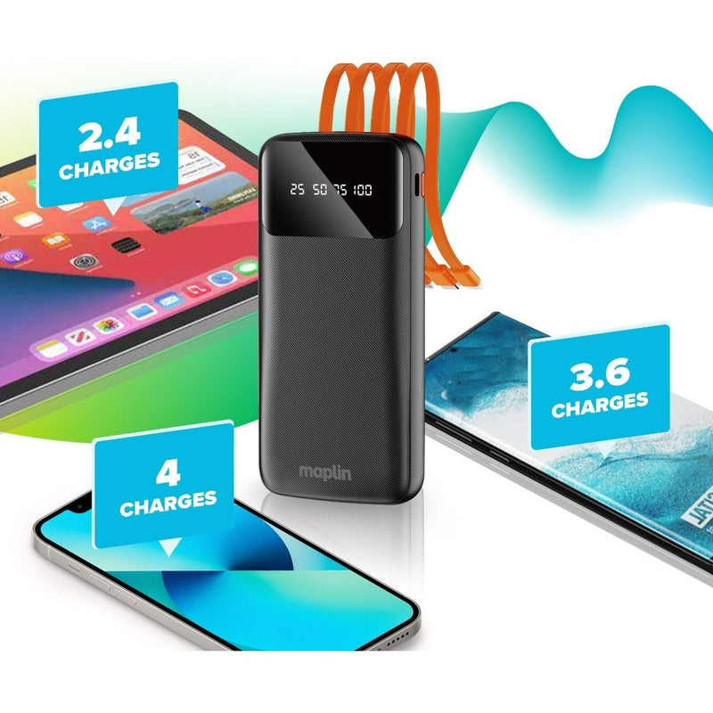 Maplin 20000mAh Portable Power Bank with Integrated USB-C, Micro USB & Lightning Cables