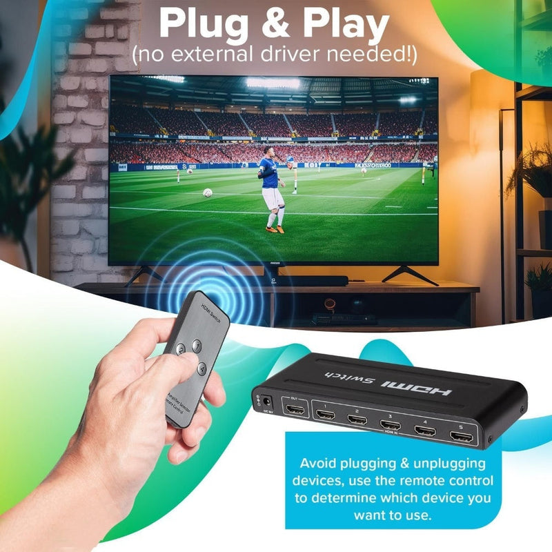 Maplin HDMI Switch 5 Ports In 1 Port Out Ultra HD 4K@30Hz with Remote Control