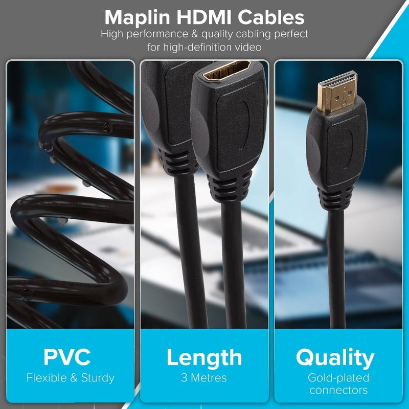 Maplin HDMI Male to HDMI Female 4K Ultra HD Extension Cable 3m Black