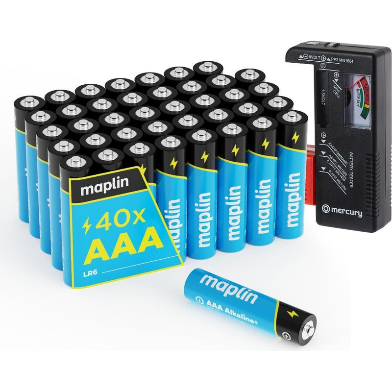 Maplin 40x AAA LR03 1.5V Alkaline Batteries 7 Year Shelf Life inc Battery Tester
