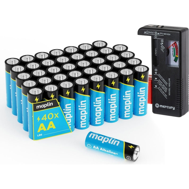 Maplin 40x AA LR6 1.5V Alkaline Batteries 7 Year Shelf Life inc Battery Tester