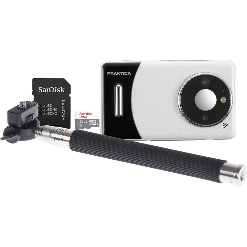 PRAKTICA DZ13 Compact Digital Camera - White - Camera + Sandisk 32GB MicroSD Card + Selfie Stick