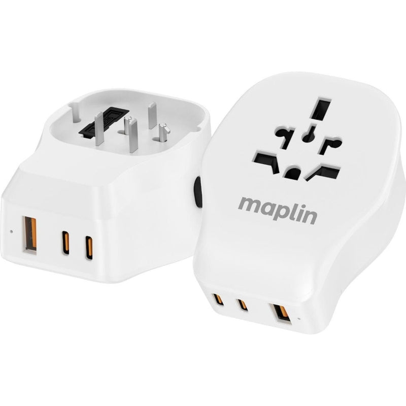 Maplin Worldwide Travel Adapter 1x USB-A & 2x USB-C 4 Detachable Plugs 20W PD