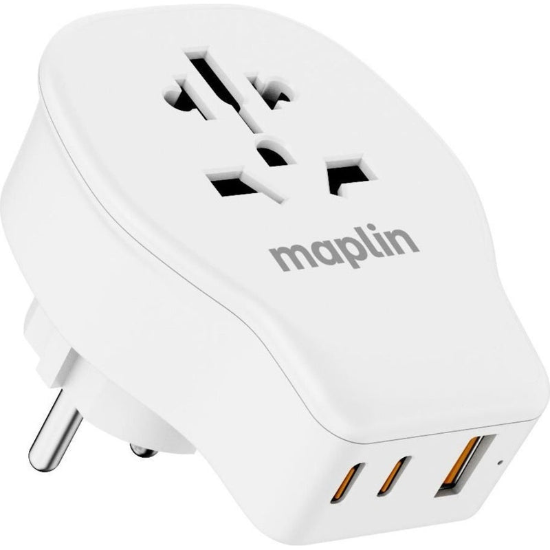 Maplin Worldwide Travel Adapter 1x USB-A & 2x USB-C 4 Detachable Plugs 20W PD