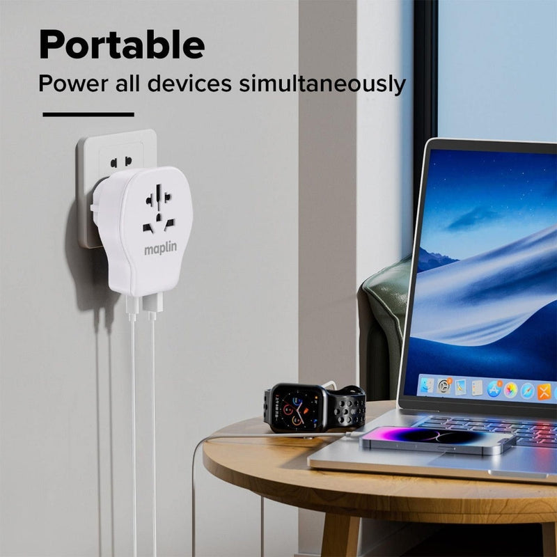 Maplin Worldwide Travel Adapter 1x USB-A & 2x USB-C 4 Detachable Plugs 20W PD