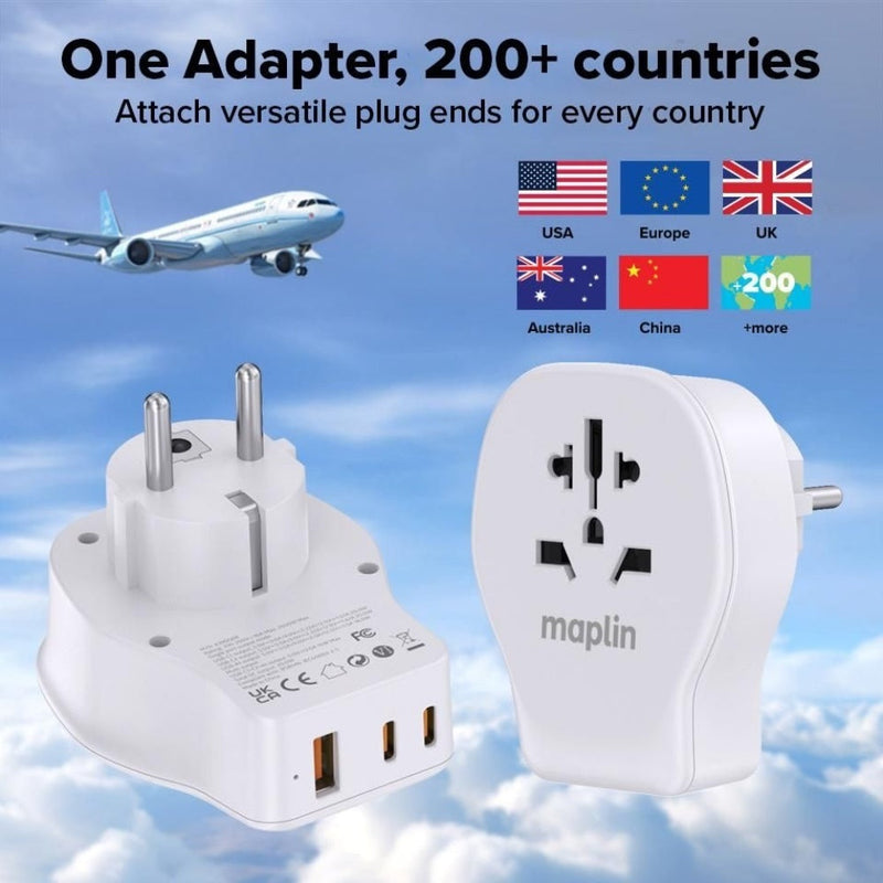 Maplin Worldwide Travel Adapter 1x USB-A & 2x USB-C 4 Detachable Plugs 20W PD