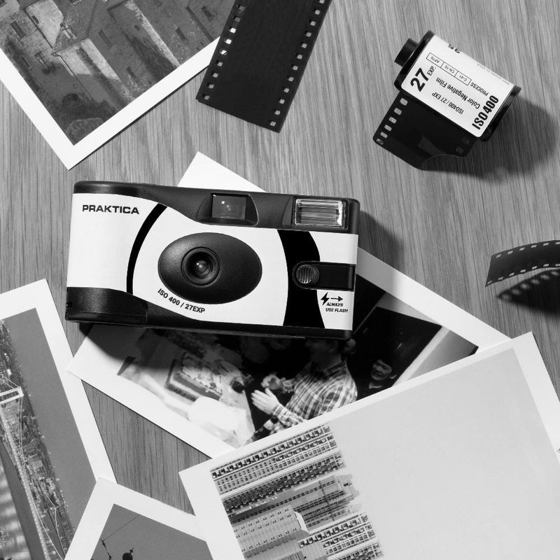 PRAKTICA Single Use Disposable Black & White Film Camera with Flash - Black - Pack of 2