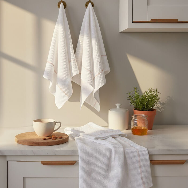 Set of 3 White and Almond Waffle Tea Towels | Doro