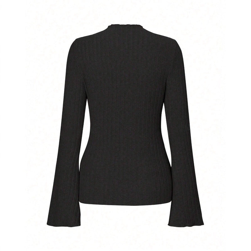 Long Sleeve Round Neck Brushed Sunken Stripe Solid Color Slim Fit Top