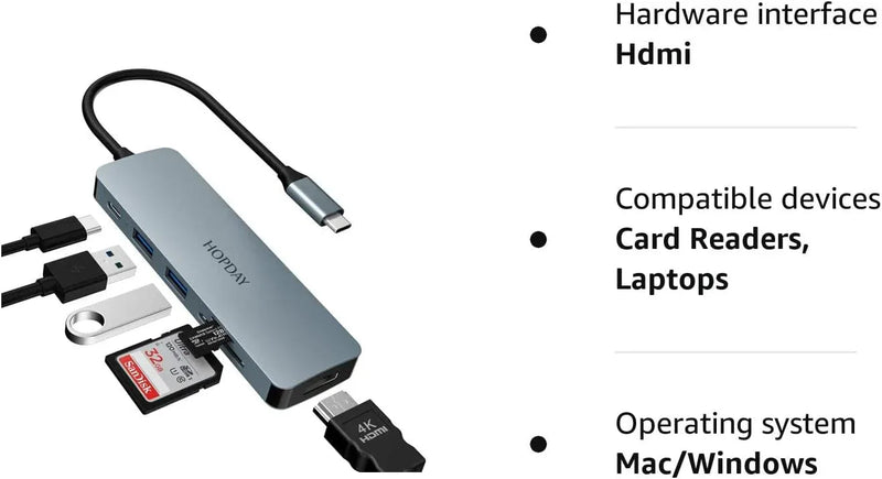 USB C Docking Station Mac Windows iPad Pro Adapter 6 in 1 with 4K HDMI Output