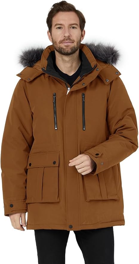 Mens Long Puffer Jacket Winter Windproof Padded Coat Brown Size S Wantdo