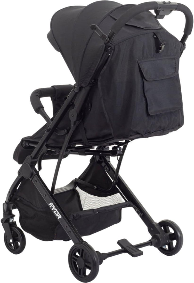 RYDR C8 Compact Travel Pushchair | Lightweight Baby Stroller/Pram/Buggy for 0–3 years/15kg | Easy One-Hand Fold, 5-Point Harness, Adjustable Back, Leg Rest and Canopy, Shopping Basket (Black)