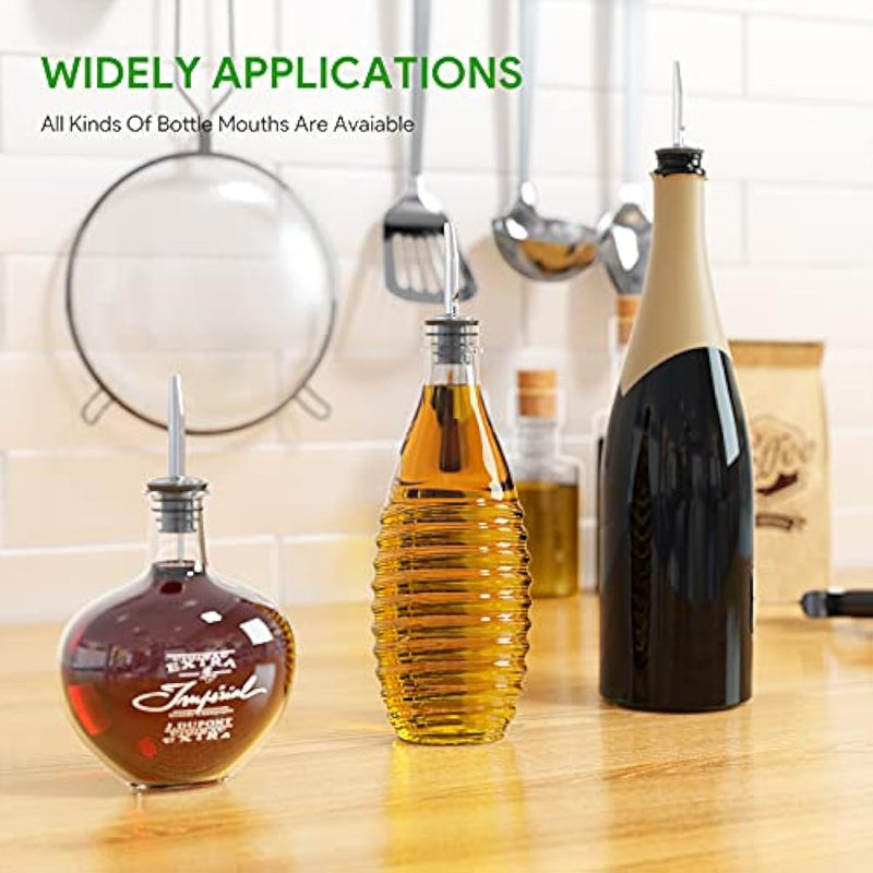 Drink Pourers Stainless Steel with Stoppers for Oils, Whiskey, Cocktails 12 Pack