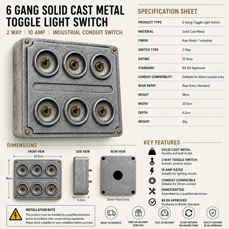 6 Gang 2 Way Solid Cast Metal Conduit Light Switch Industrial - Vintage Crabtree Style